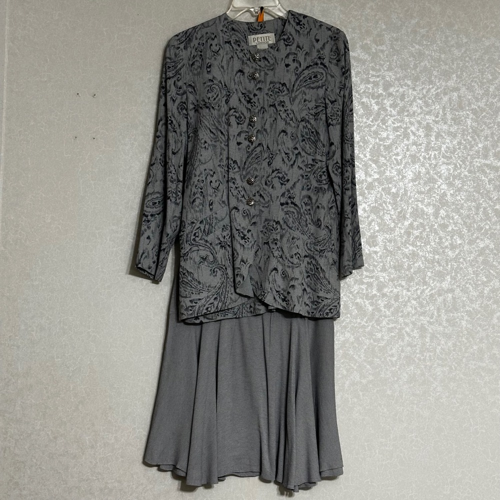 Petite Sophisticate Vintage 2 Pc Set Paisley Print Blouse Jacket & Skirt Gray 6P